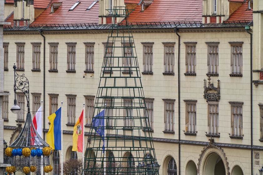 Montaż choinki na wrocławskim Rynku