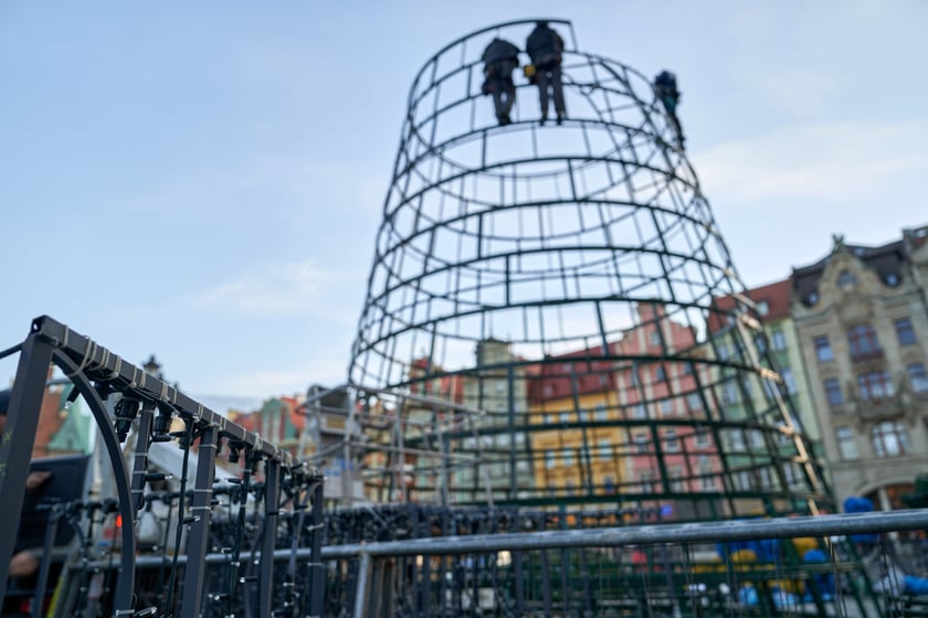 Montaż choinki na wrocławskim Rynku
