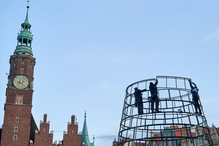 Montaż choinki na wrocławskim Rynku