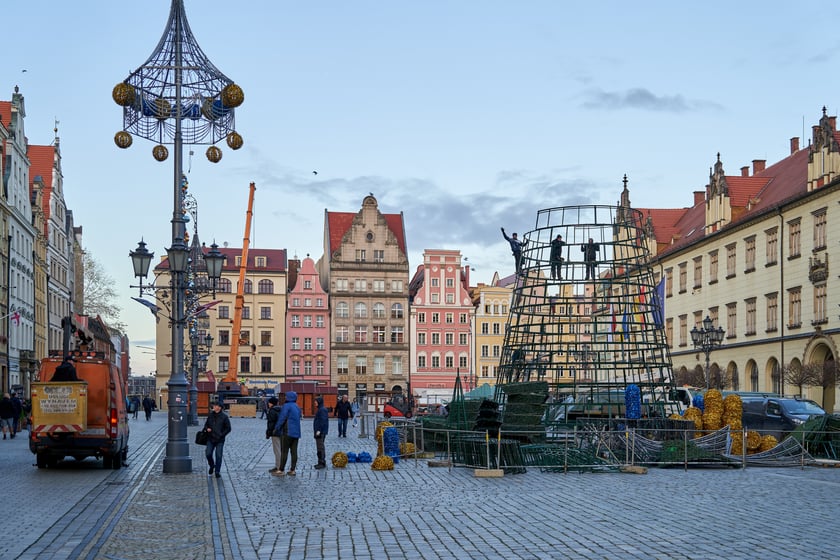 Montaż choinki na wrocławskim Rynku