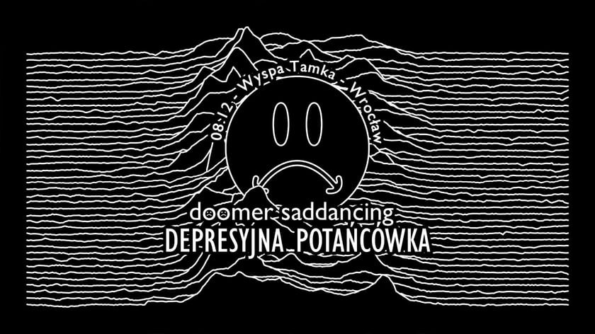 Powiększ obraz: <p>Grafika informująca z napisem: 8.12 Wyspa Tamka Wrocław, doomer saddancing, Depresyjna_Potańc&oacute;wka</p>