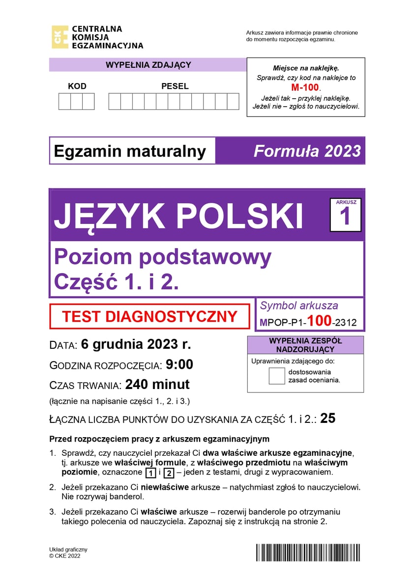 Arkusz: matura próbna z języka polskiego 2024 poziom podstawowy - grudzień 2023