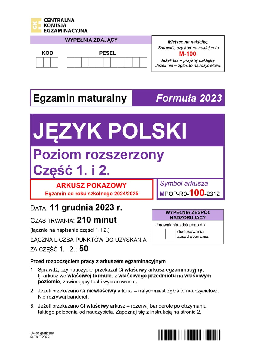 Arkusz pokazowy – język polski na poziomie rozszerzonym od roku szkolnego 2024/2025