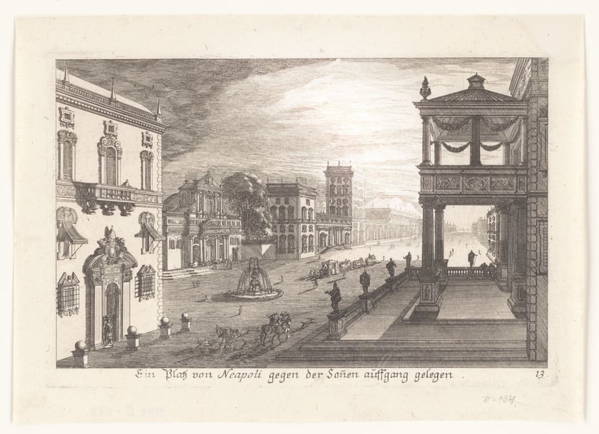 Plac w Neapolu, rytował Melchior Küsel wg rysunku Johanna Wilhelma Baura,