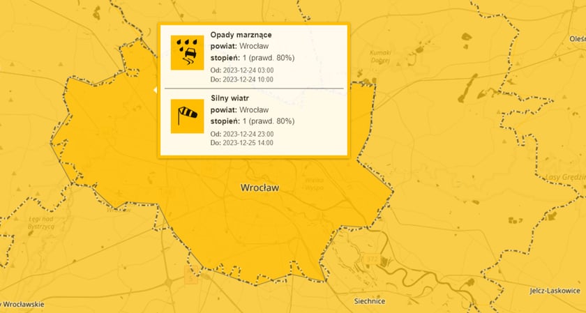 Powiększ obraz: Mapa z zaznaczonym obszarem Wrocławia z informacją o ostrzeżeniu o silnym wietrze
