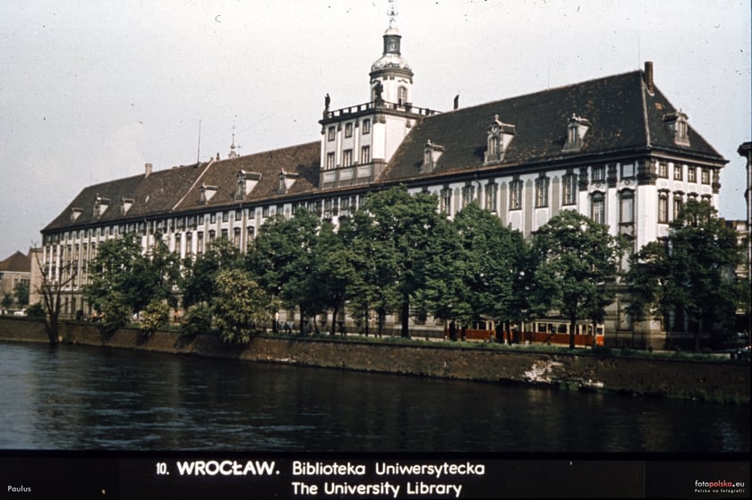 Lata 1965-1975, Północna fasada głównego budynku Uniwersytetu. Zestaw czerwonych eNek jak kwiat róży wśród zieleni.