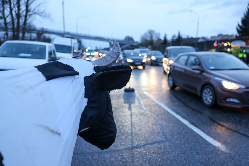 Rolnicy blokujący aleję Jana III Sobieskiego we Wrocławiu (poranek 12 lutego 2024)&nbsp;&nbsp;