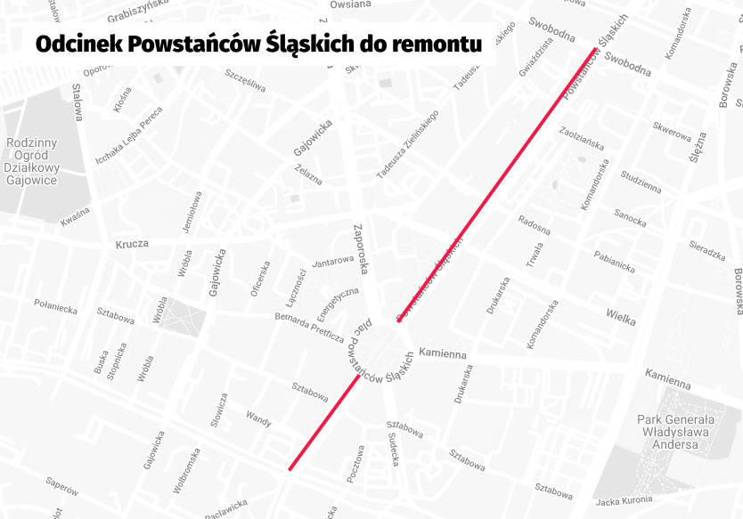 Powiększ obraz: Mapa z zaznaczonym odcinkiem ulicy przeznaczonym do remontu