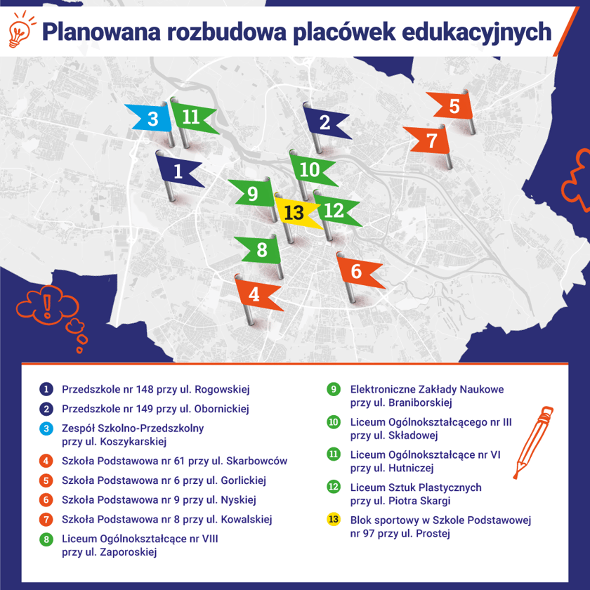 Powiększ obraz: Planowana rozbudowa placówek edukacyjnych we Wrocławiu - mapa.