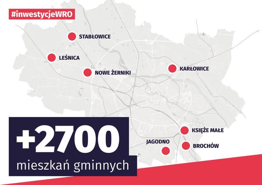 Powiększ obraz: <p>Mapa Wrocławia z lokalizacjami, w kt&oacute;rych powstaną nowe gminne mieszkania</p>