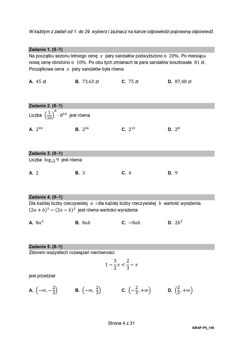 Formuła 2015, matura z matematyki
