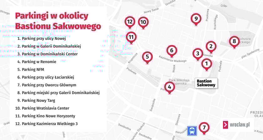 Powiększ obraz: Mapa przedstawia parkingi w okolicy Bastionu Sakwowego. Znajdziemy na niej: 1 - parking przy ulicy Nowej, 2 - parking przy Galerii Dominikańskiej, 3 - parking w Dominikański Center, 4 - parking w Renomie, 5 - parking NFM, 6 - parking przy ulicy Łaciarskiej, 7 - parking przy Dworcu Głównym, 8 - parking miejski przy Galerii Dominikańskiej, 9 - parking Nowy Targ, 10 - parking Wratislavia Center, 11 - parking Kino Nowe Horyzonty, 12 - parking Kazimierza Wielkiego 3.