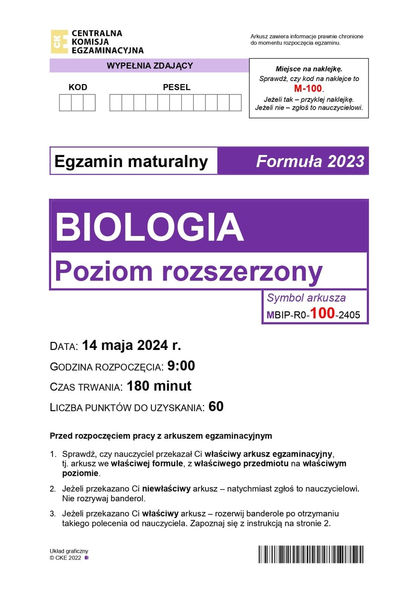 Arkusz CKE: Matura rozszerzona z biologii 2024 - zadania, 14 maja