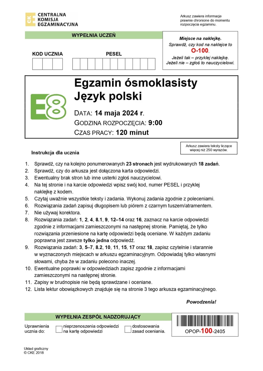 Egzamin ósmoklasisty 2024, arkusz z języka polskiego