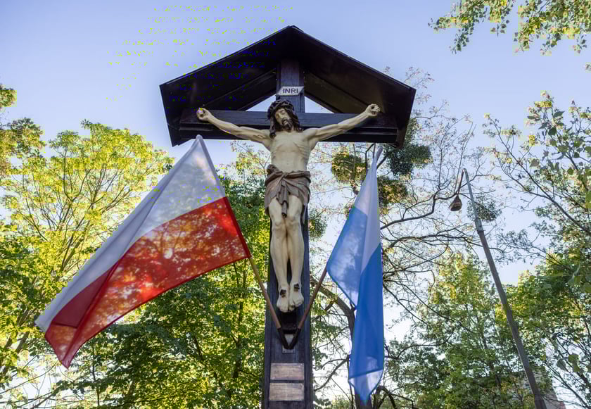 Krzyż stojący przy ul. Bora-Komorowskiego na Zakrzowie. Zarówno krzyż jak i figura powstały według bliźniaczego wzoru co w przypadku krzyża na granicy Biskupina i Dąbia.