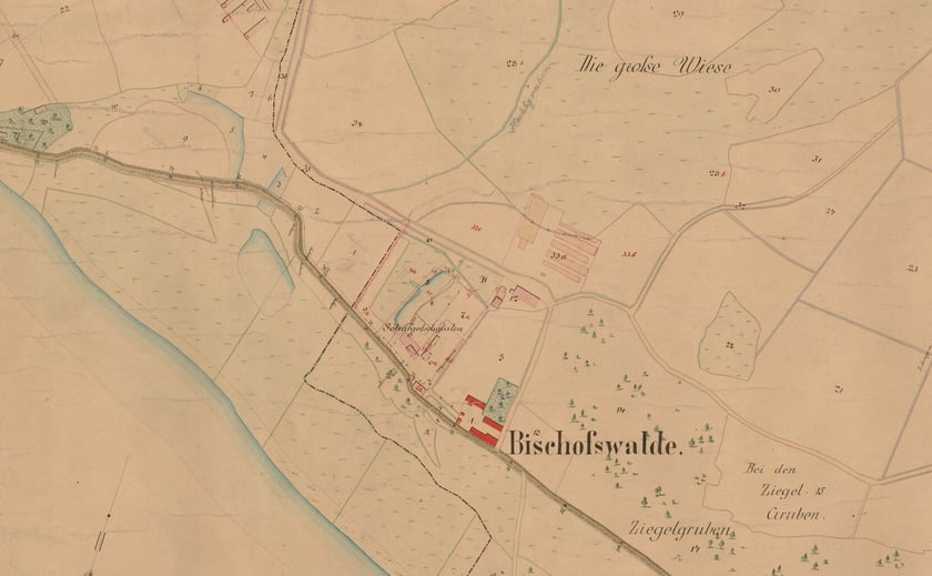 Fragment mapy z 1880 roku, na którym widać cegielnię w Bischofswalde. (Stan przed rozbudową, której rezultat widzimy na zdjęciach lotniczych z okresu międzywojennego.)