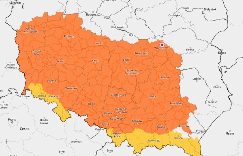 Powiększ obraz: Mapka rejonów objętych ostrzeżeniem 2 stopnia przed upałami
