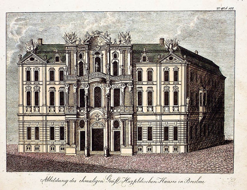 1750, pałac Hatzfeld&oacute;w przed zniszczeniem w roku 1760, miedzioryt F.B. Englera z Topographische Chronik von Breslau