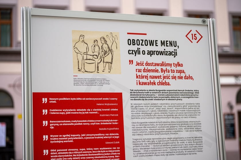 Fragment wystawy Burgweide. Niemiecki obóz przejściowy i obóz pracy. Miejsce – ludzie – pamięć. Rynek we Wrocławiu, styczeń 2024