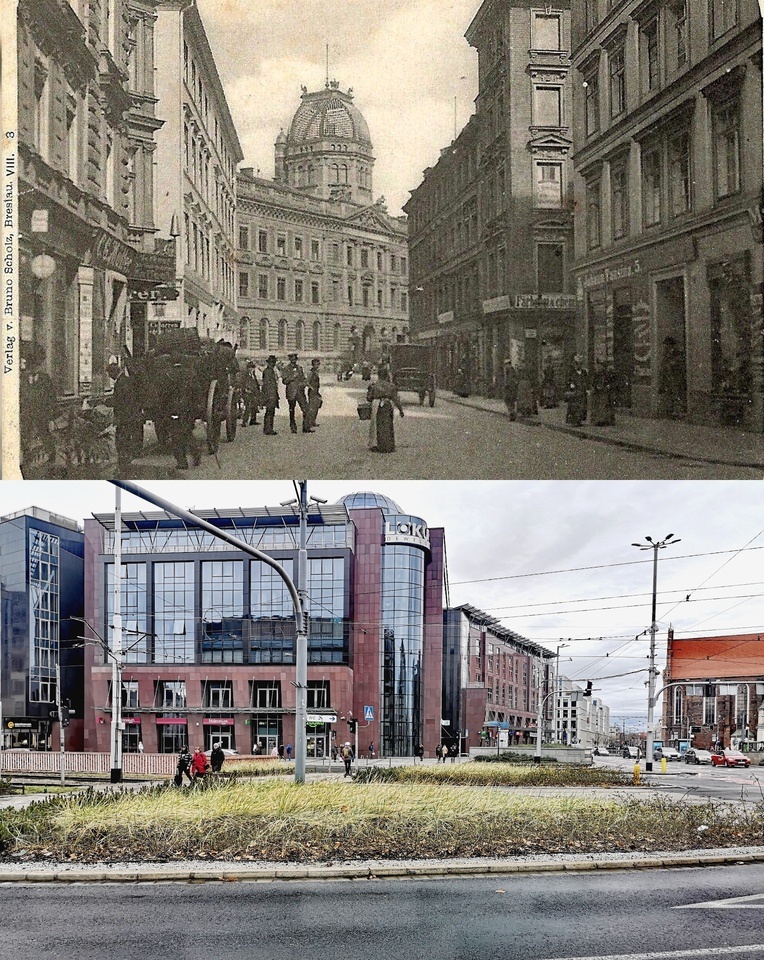 Współczesne i przedwojenne zdjęcia Wrocławia, u zbiegu ulic Oławskiej i Piotra Skargi