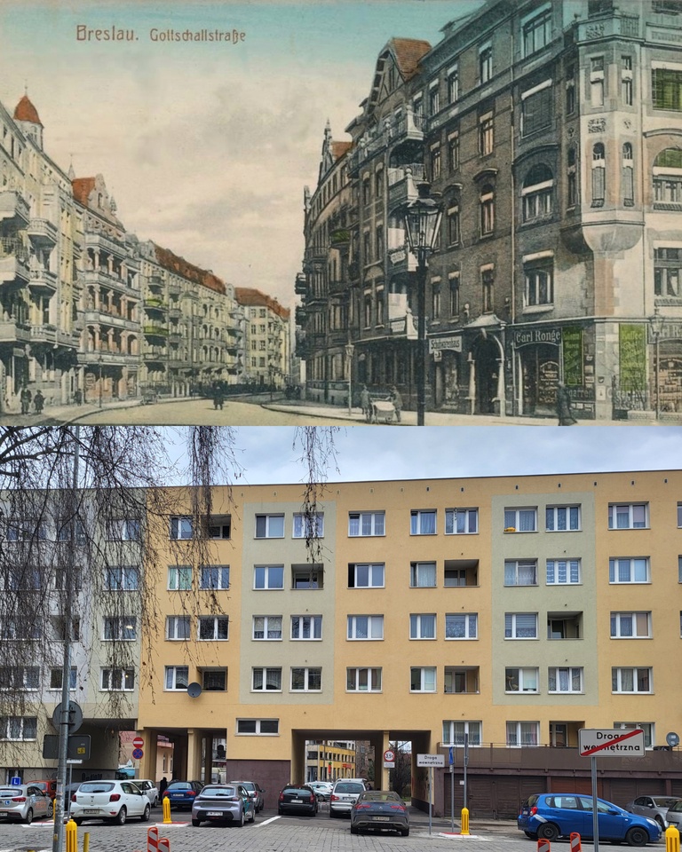 Skrzyżowanie ulicy Ciepłej (niem. Gottschallstraße - na wprost) z Wesołą (Augustastraße- w poprzek) na zestawieniu porównującym lata 1910-1915 oraz widok współczesny.