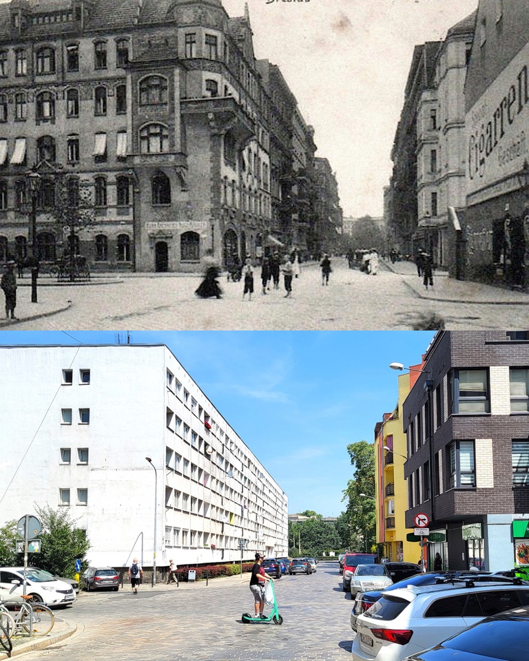 Ulica Henryka Brodatego (niem. Heinrichstraße) na zestawieniu porównującym lata 1911/2024.