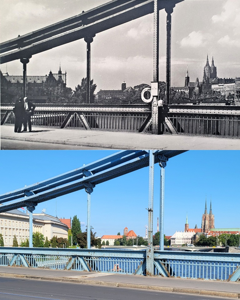 Współczesne i przedwojenne zdjęcia Wrocławia, widok z mostu Grunwaldzkiego