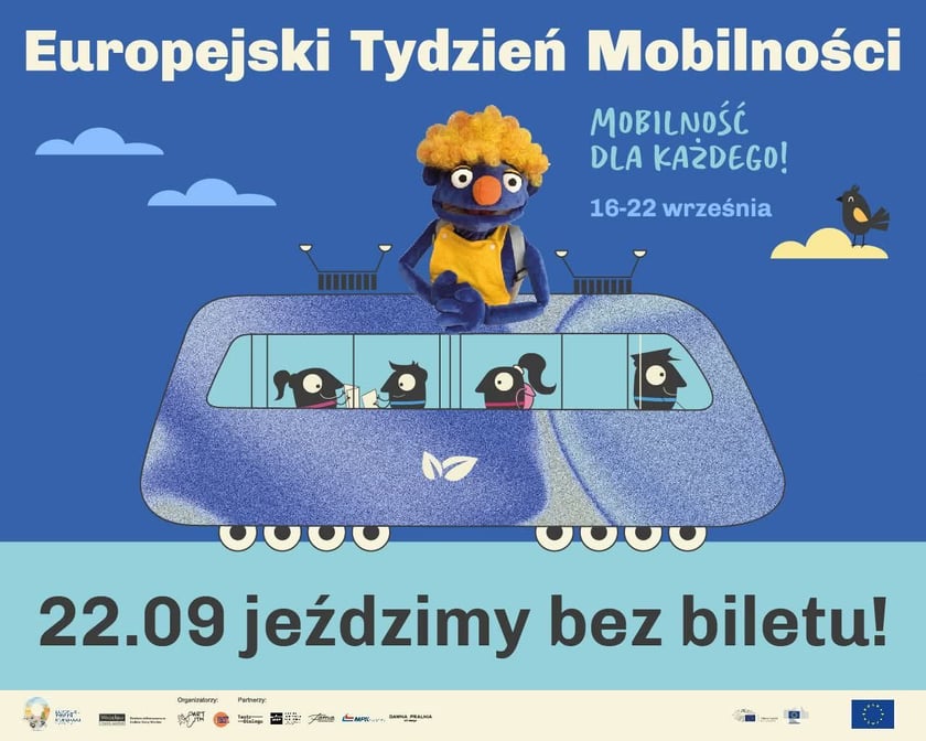 Powiększ obraz: Plakat promujący Europejski Tydzień Mobilności i darmową komunikację miejską we Wrocławiu 22 września