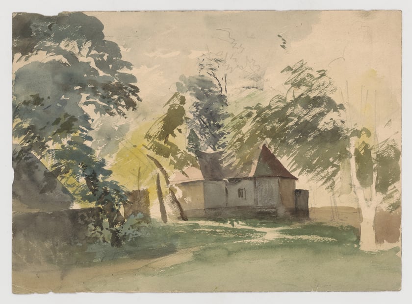 Pejzaż z budynkiem wśr&oacute;d drzew, lokalizacja nieznana, około 1880