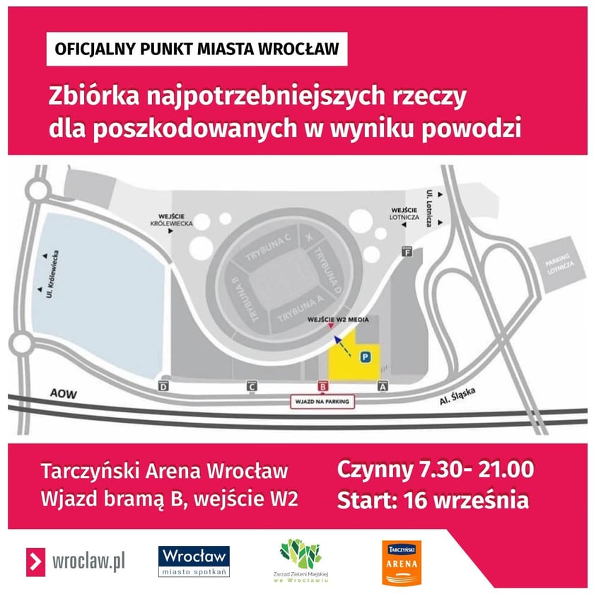 Punkt pomocy dla powodzian na Tarczyński Arenie - grafika z informacją, godzinami otwarcia i oznaczonym miejscem zbiórki