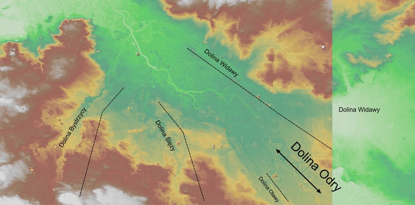 Powiększ obraz: Mapa obrazuje morfologię wokół Wrocławia. Wyróżniamy tu kilka dolin rzecznych wraz z główną doliną Odry.