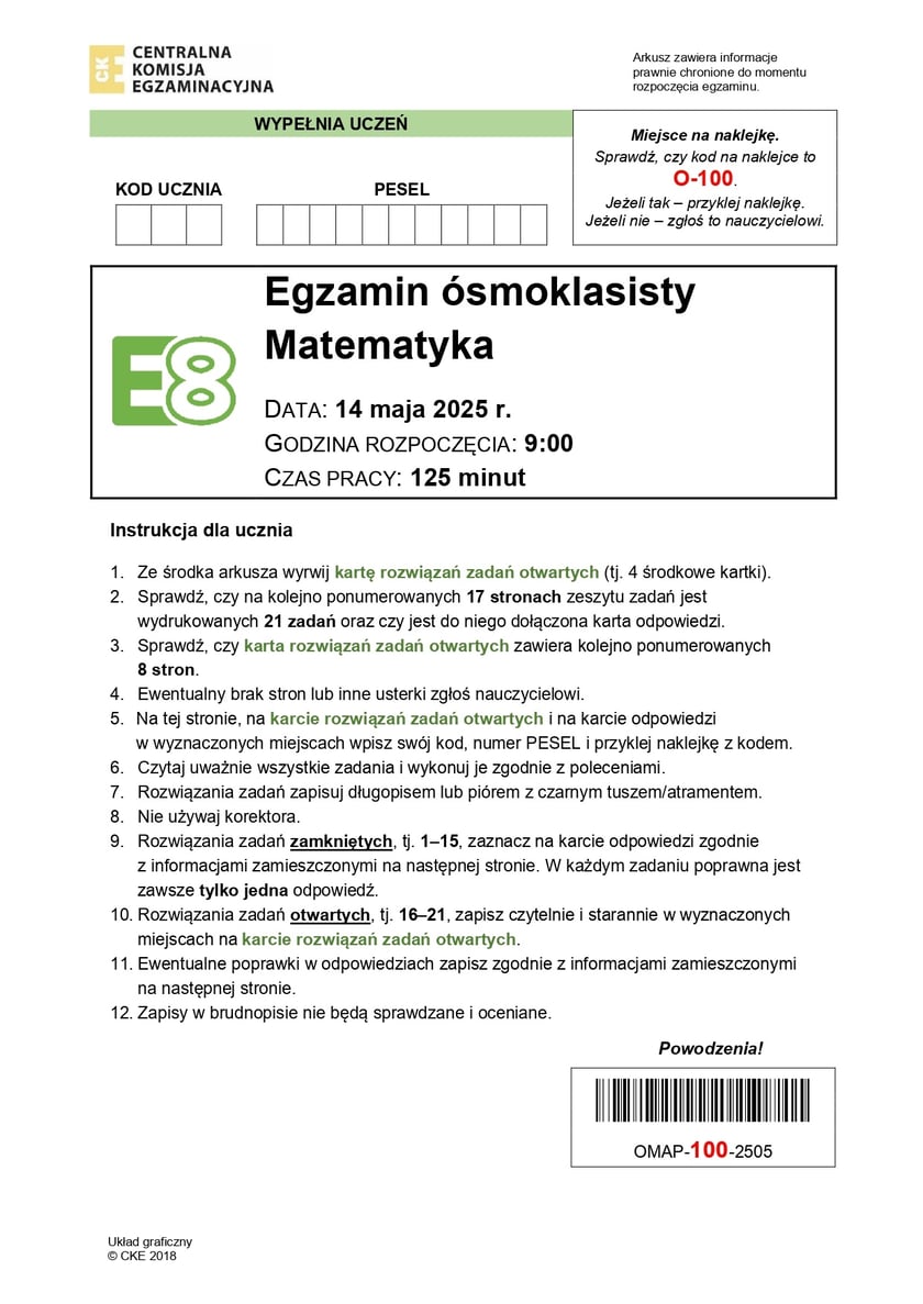 Egzamin ósmoklasisty 2025 z CKE - matematyka - arkusz 14 maja