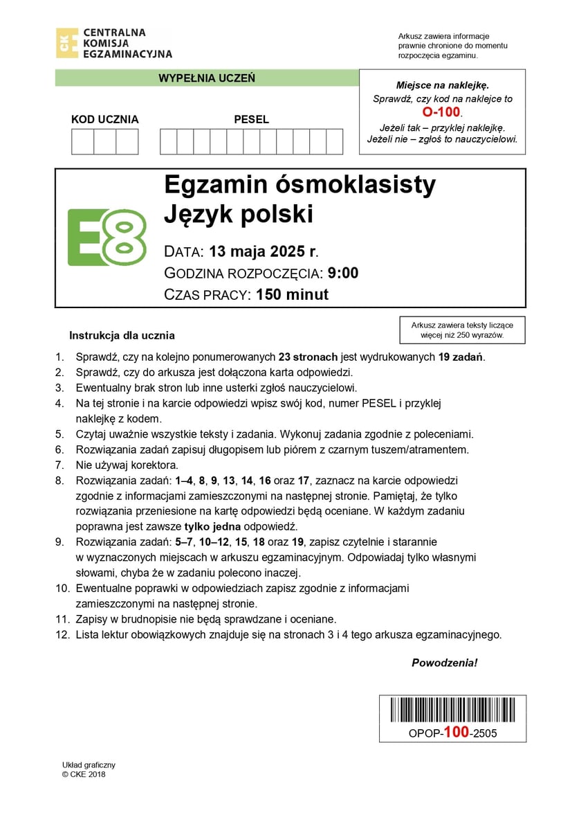 Egzamin ósmoklasisty 2025 CKE - język polski - ARKUSZ