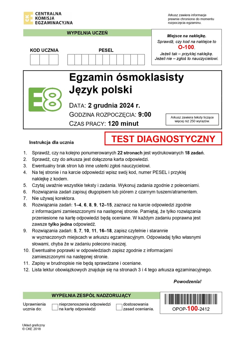 Arkusz: próbny egzamin ósmoklasisty 2025 - język polski, 2 grudnia 2024