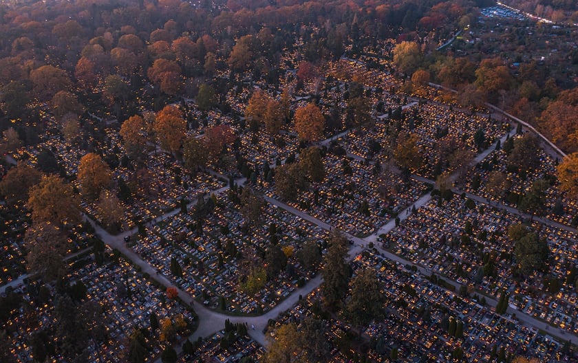 Cmentarz Osobowicki na zdjęciach z drona o zmierzchu i nocą
