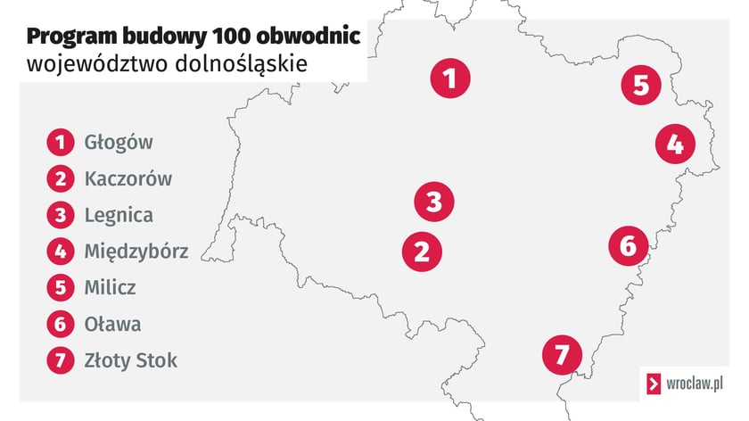 Powiększ obraz: Program budowy 100 obwodnic na Dolnym Ślasku - mapa z zaznaczonymi 7 miastami