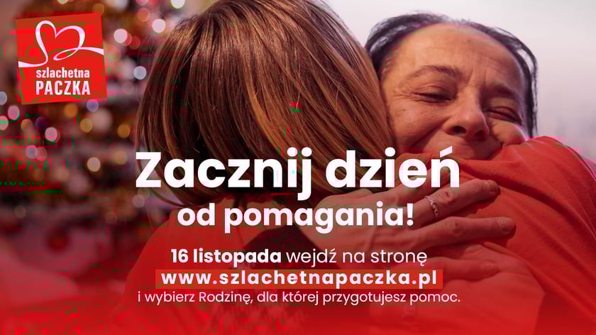 Powiększ obraz: Grafika dotycząca tegorocznej edycji Szlachetnej Paczki z napisem Zacznij dzień od pomagania.