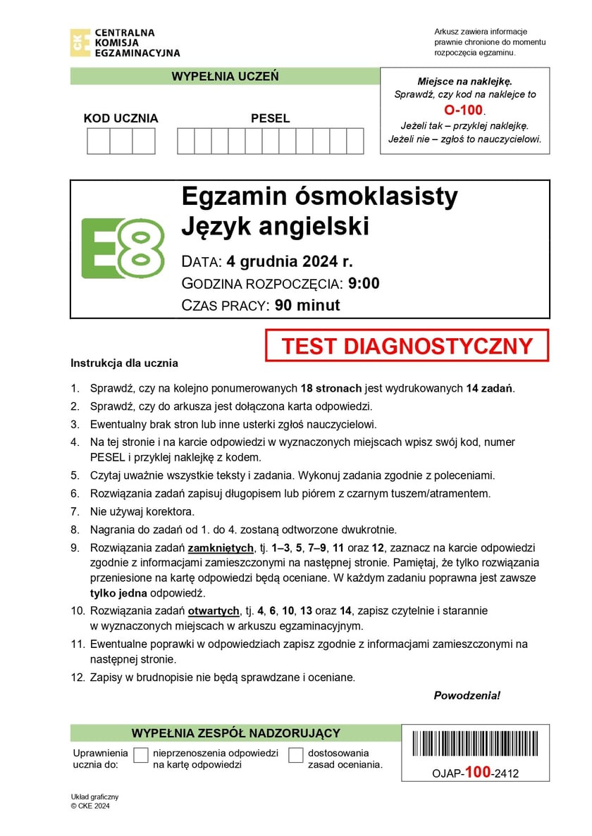 Arkusz: próbny egzamin ósmoklasisty 2024/2025 z CKE - język angielski, 4 grudnia 2024