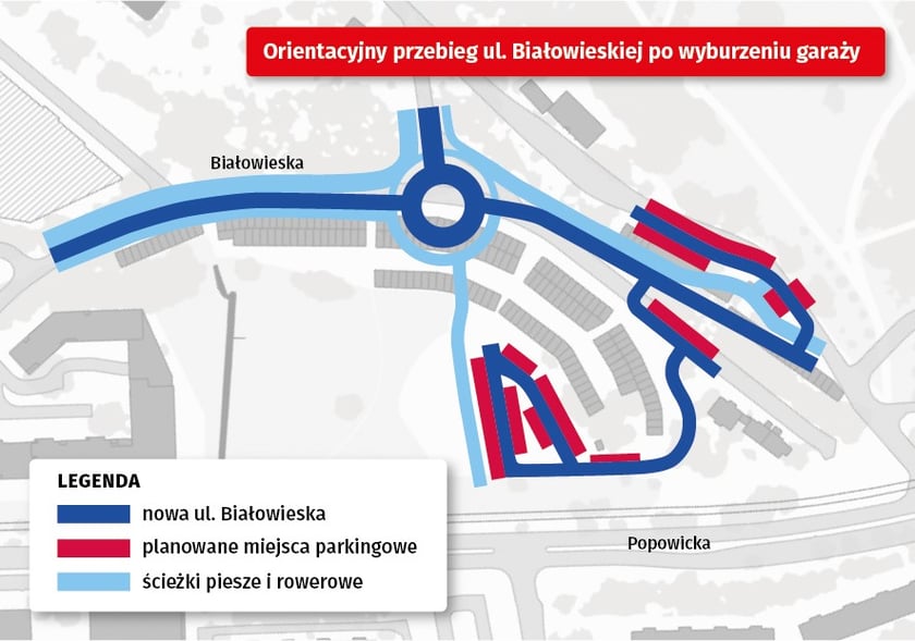Mapa z zaznaczonym planowanym przebiegiem Białowieskiej po usunięciu garaży