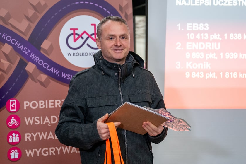 Podsumowanie 5. edycji "W k&oacute;łko kręcę" we Wrocławiu. Zwycięzcy otrzymali statuetki i rowery.