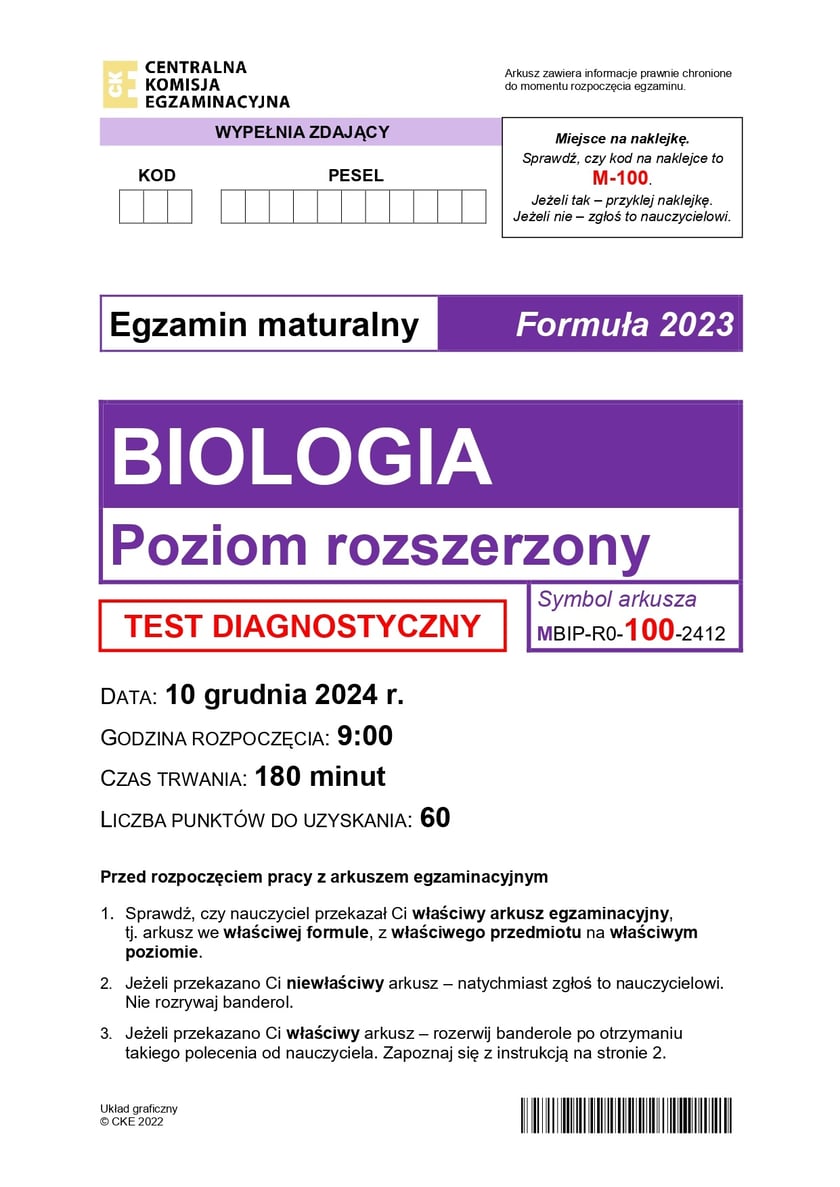 Matura próbna z biologii, poziom rozszerzony, arkusz z pytaniami