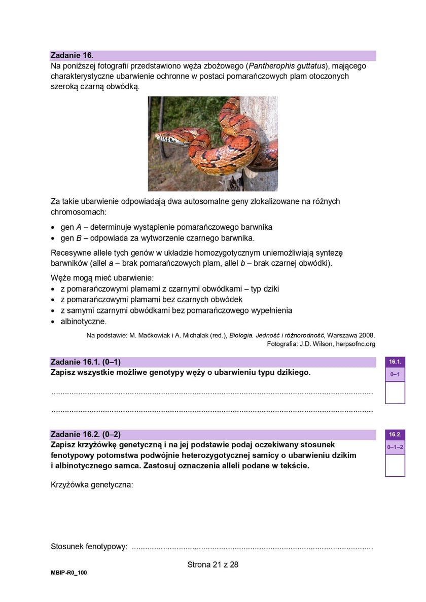 Matura próbna z biologii, poziom rozszerzony, arkusz z pytaniami