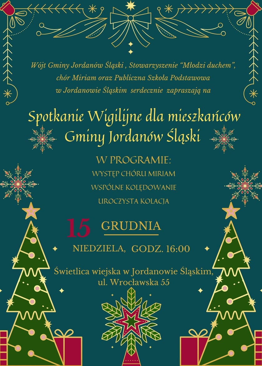 Program spotkania wigilijnego w Joradanowie Śląskim, 15 grudnia, od godz. 16