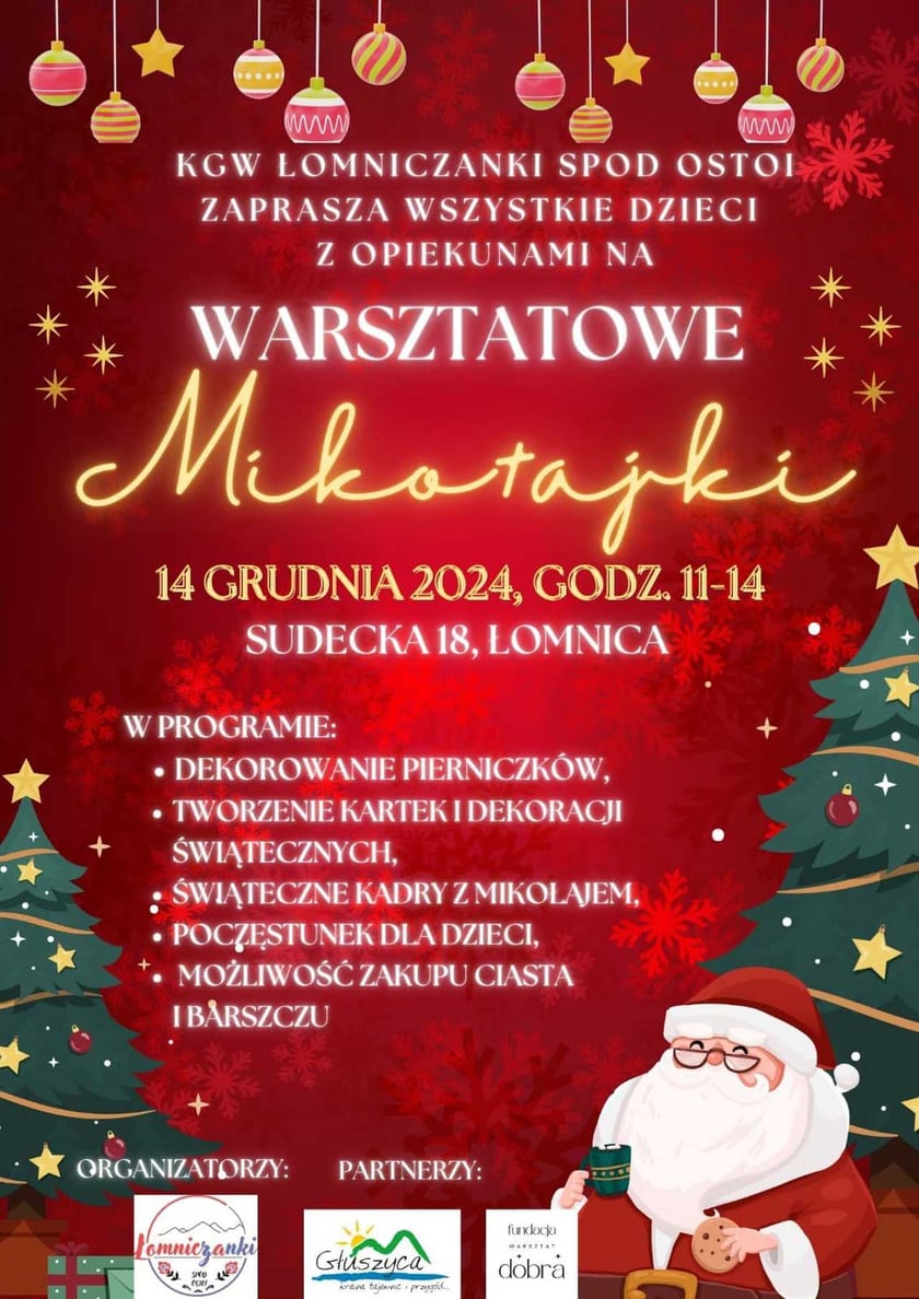 Program warsztatów światecznych w Łomnicy, 14 grudnia, godz. 11-14
