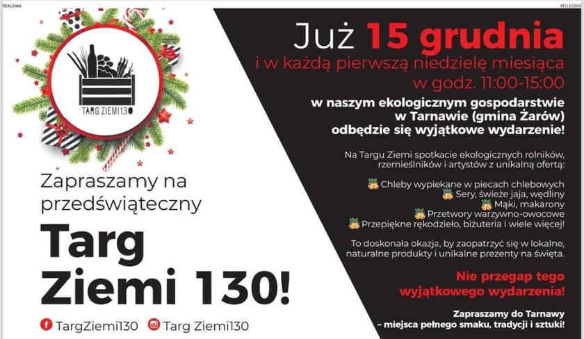 Program jarmarku w Tarnawie, 15 grudnia, godz. 11-15