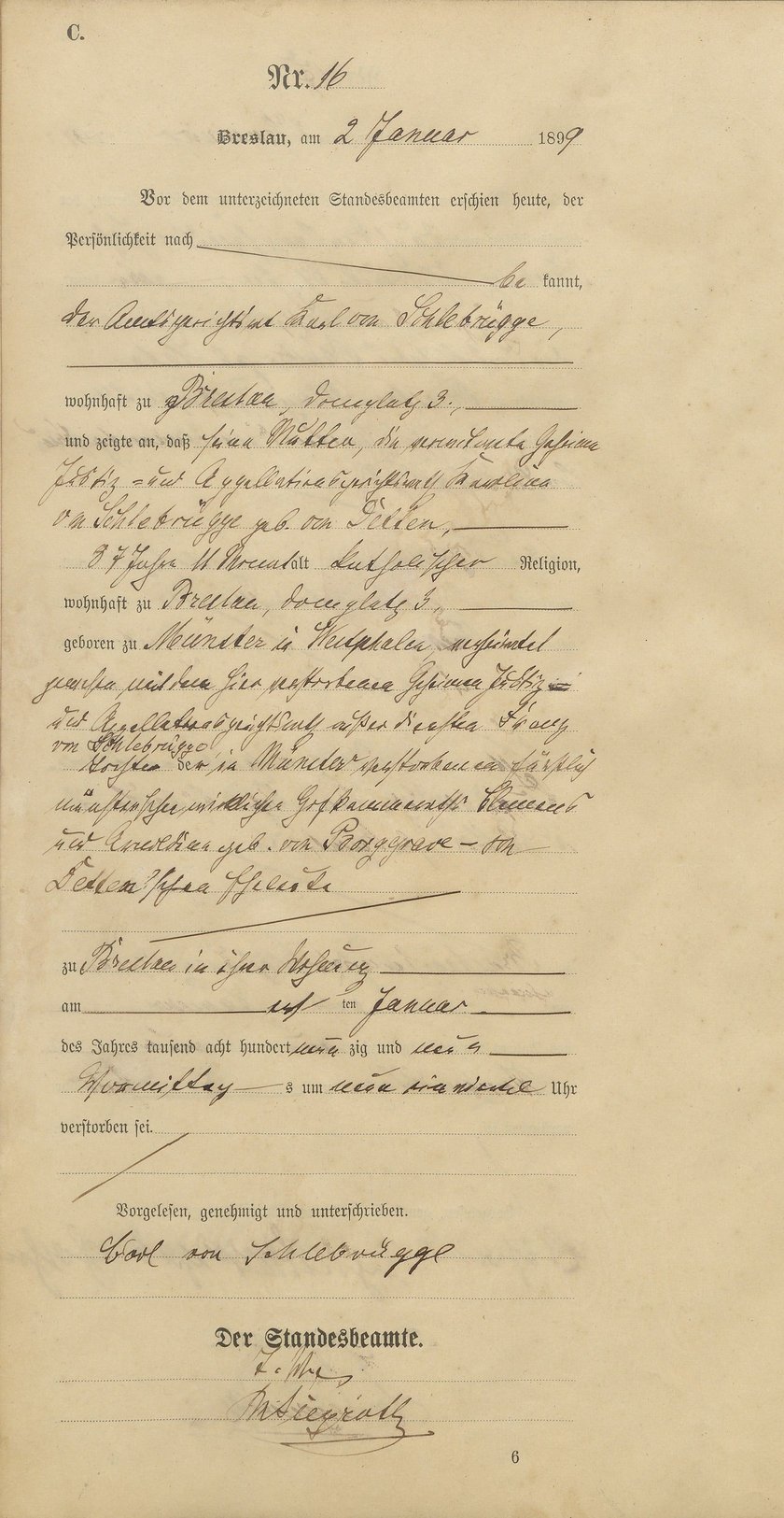 Akt zgonu praprababci Umy Thurman - Karoline (ur. 1811 r. w&nbsp;M&uuml;nster, zmarła w&nbsp;1899 r. w Breslau).&nbsp;