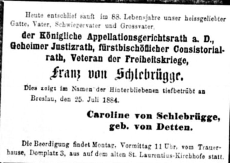 Nekrolog prapradziadka Umy Thurman -Franza Josepah Friedricha von Schlebr&uuml;gge.