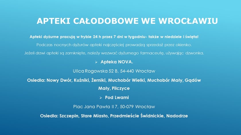 Tablica informacyjna. Apteki całodobowe, adresy