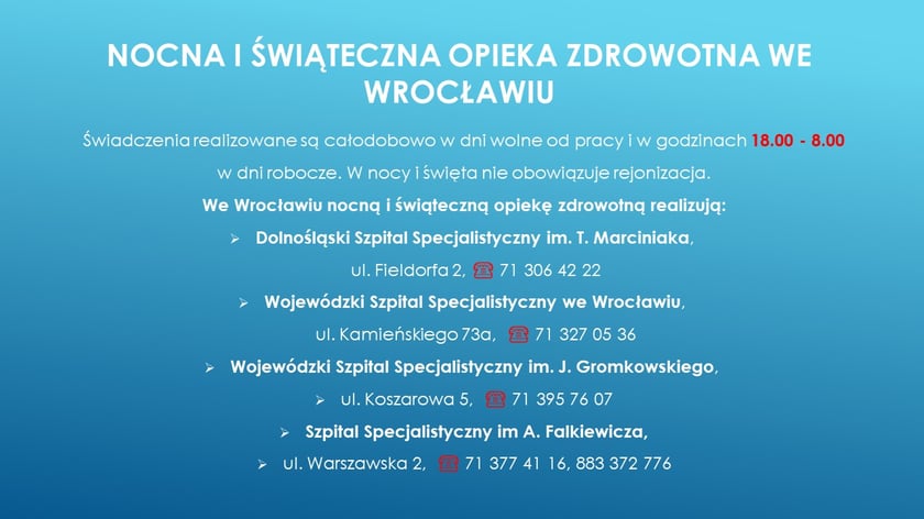 Tablica informacyjna: Świąteczna i nocna opieka medyczna - adresy, telefony
