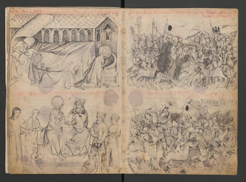 Fragment bogato ilustrowanego rękopisu Legendy św. Jadwigi z XV wieku, kt&oacute;rego wsp&oacute;łautorem jest związany ze Złotnikami Antoni Hornig.